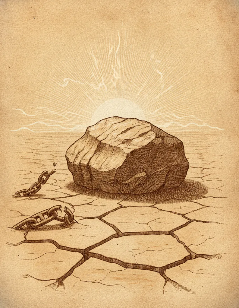 Engraving: broken chains lying on cracked desert ground before a boulder, with the sun rising over the horizon, in the Sirah Quest desert-expedition style