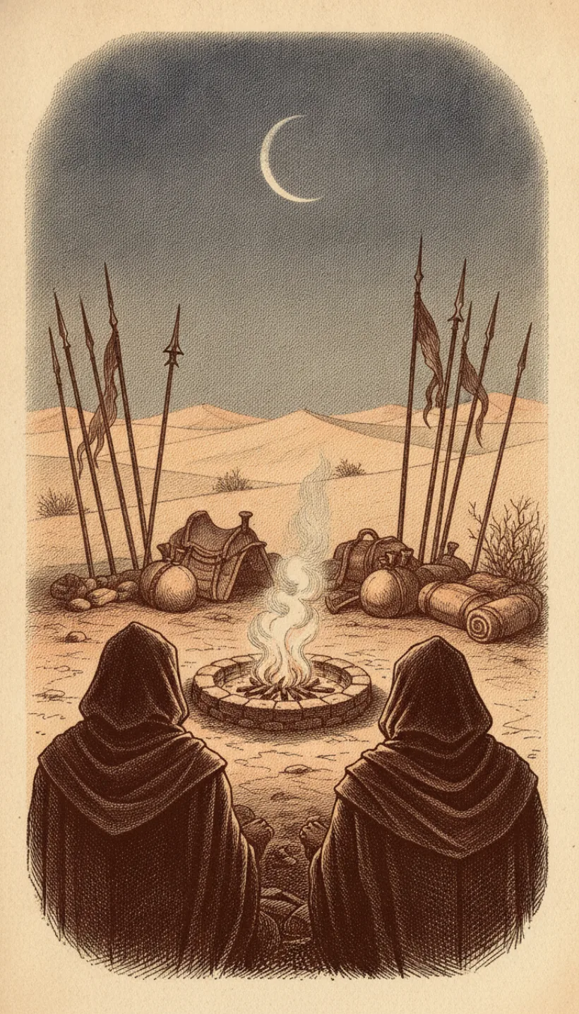 Engraving: two cloaked figures seen from behind, seated at a low fire in a desert camp with banners and saddle packs, in the Sirah Quest desert-expedition style