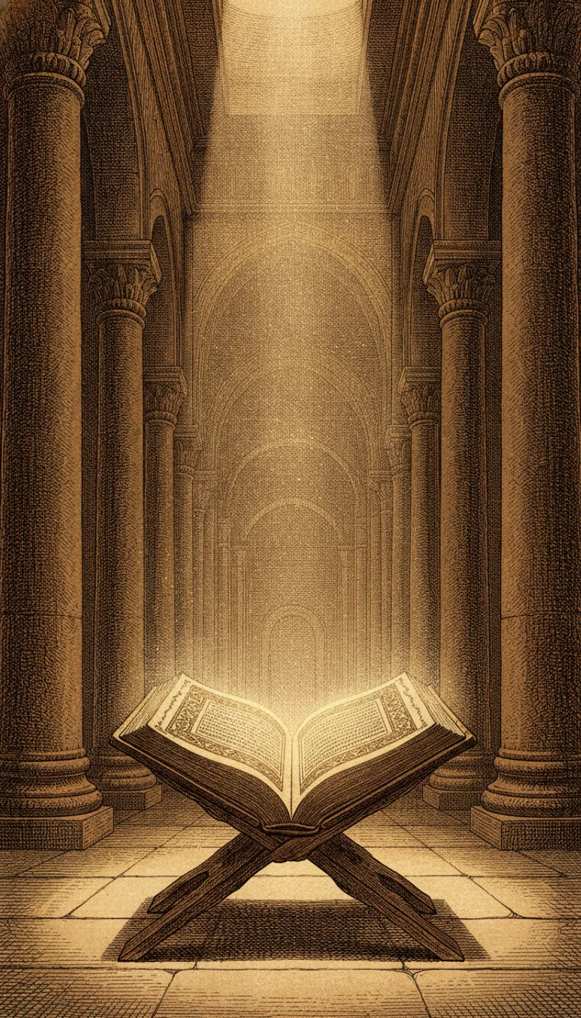Gravure : un manuscrit enluminé ouvert sur un lutrin de bois dans une haute salle à colonnes éclairée par le haut, dans le style expédition-désert de Sirah Quest