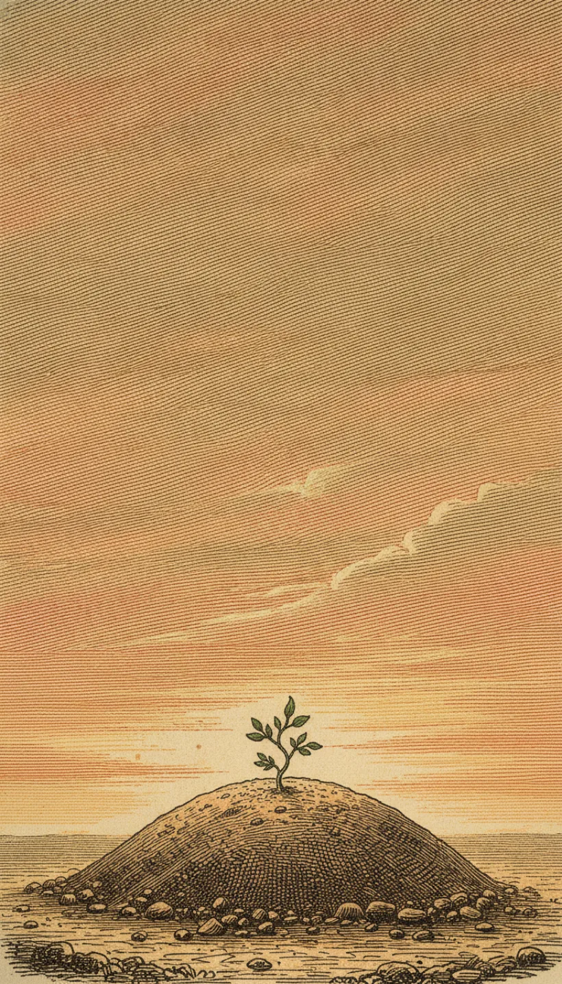 Gravure : une humble tombe sous un vaste ciel d'aube, une petite pousse verte à sa tête, dans le style expédition-désert de Sirah Quest