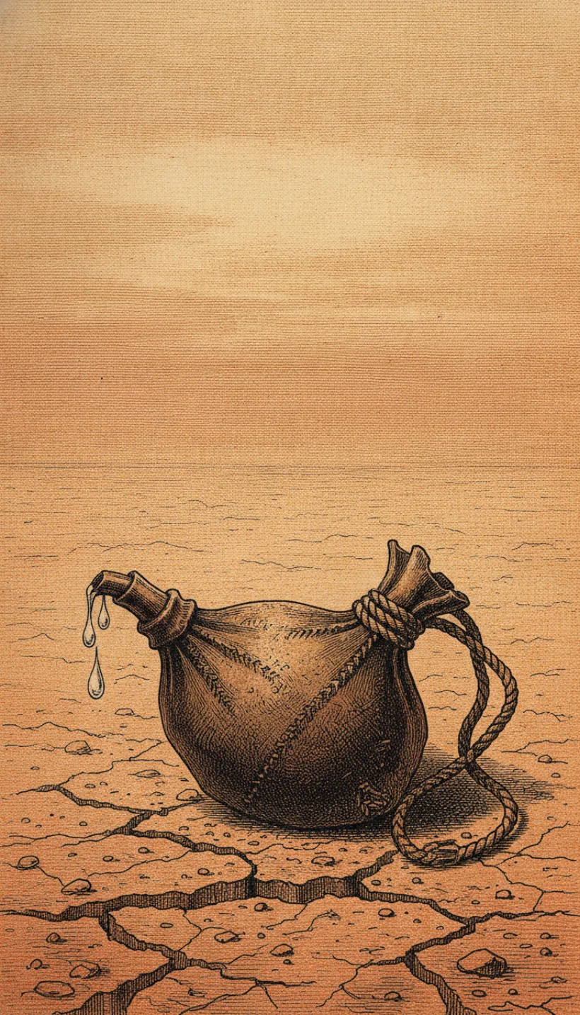 Gravure : une outre de cuir posée sur un sol désertique craquelé, une dernière goutte tombant de son goulot, dans le style expédition-désert de Sirah Quest
