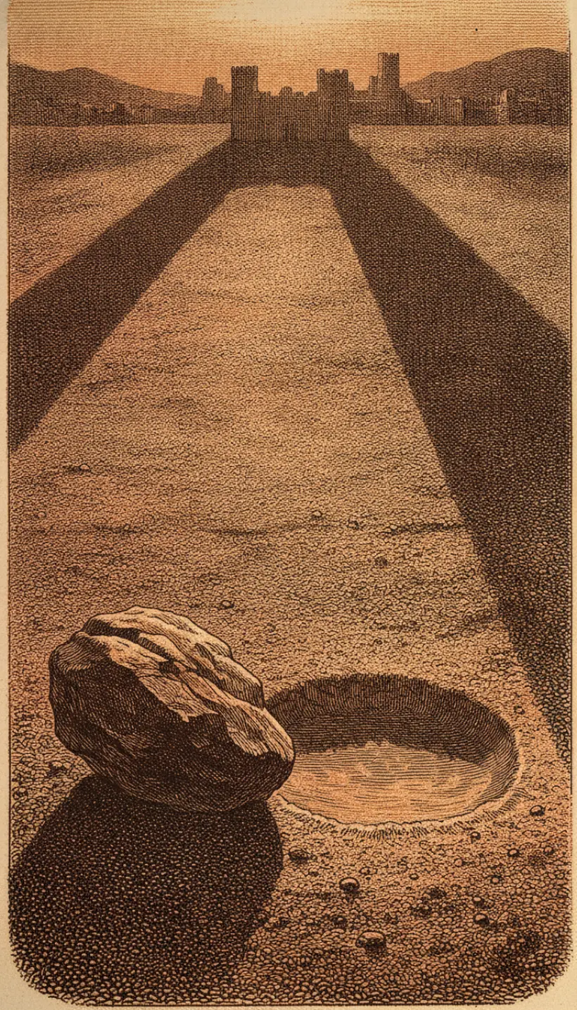 Gravure : un rocher isolé et une flaque peu profonde à l'entrée d'une vallée déserte, de longues ombres s'étirant vers la silhouette lointaine de La Mecque, dans le style expédition-désert de Sirah Quest