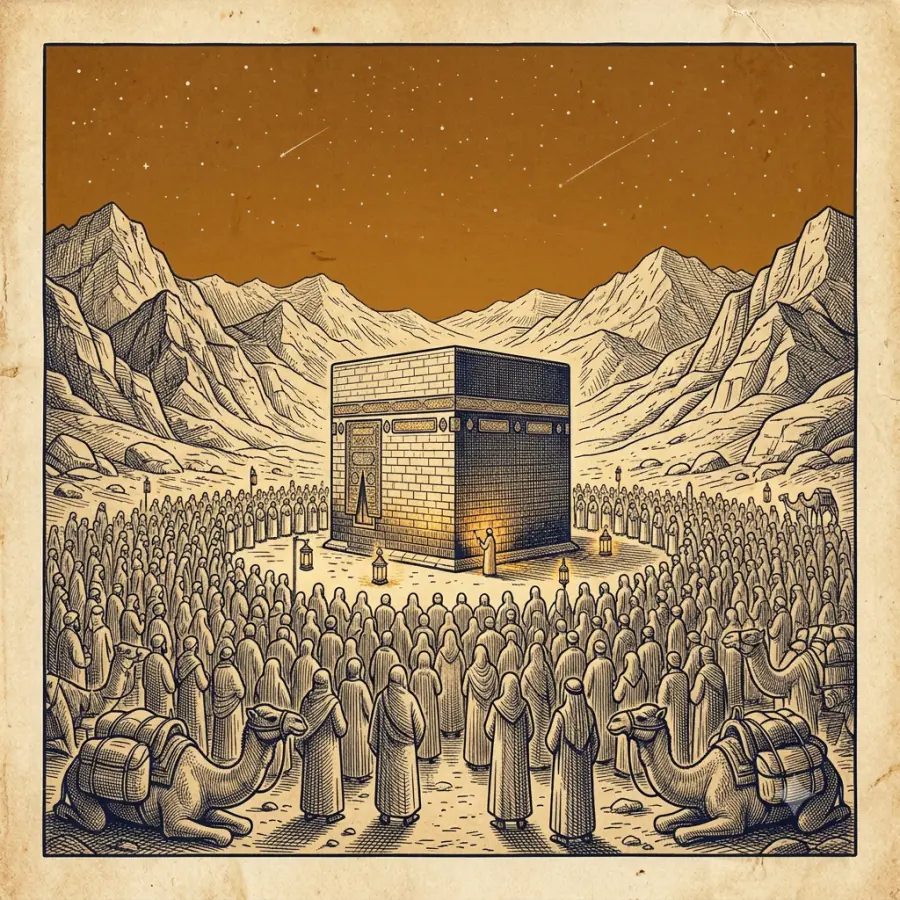 Engraved illustration of the ancient Ka'bah in the valley of Makkah, ringed by pilgrims and desert mountains.