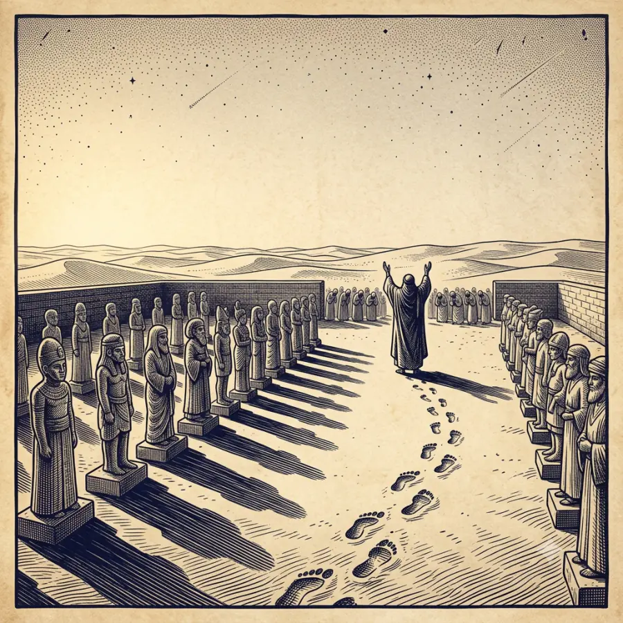Rows of idols at dusk while a lone monotheist turns away — the hanifs who rejected idolatry.