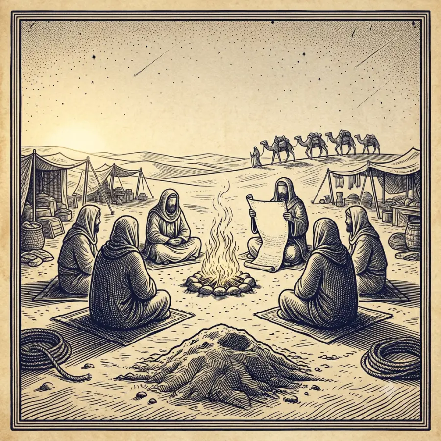 A desert gathering around a poet and a fire, a caravan on the horizon — the culture the message would reform.