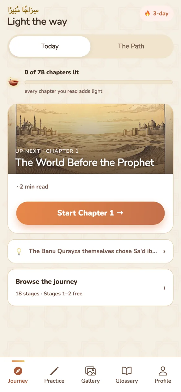 Sirah Quest Journey screen: a guided path of 18 stages with Stages 1 and 2 free, showing the next chapter to read.
