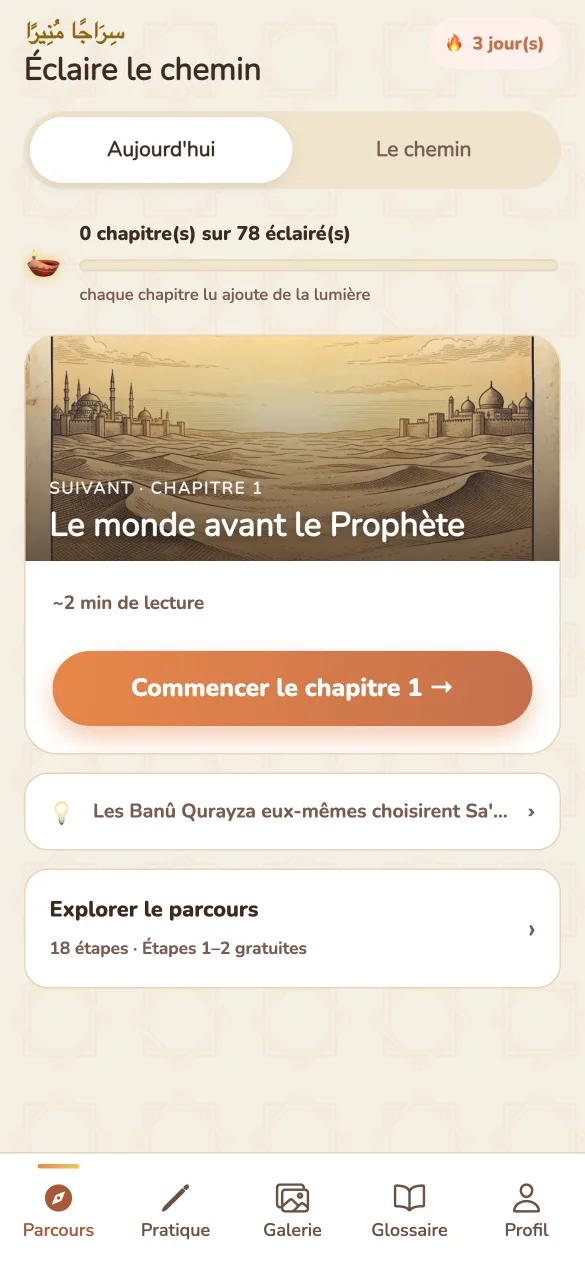 L’écran Parcours : un chemin guidé à travers 18 étapes, montrant les chapitres terminés et le prochain à ouvrir.