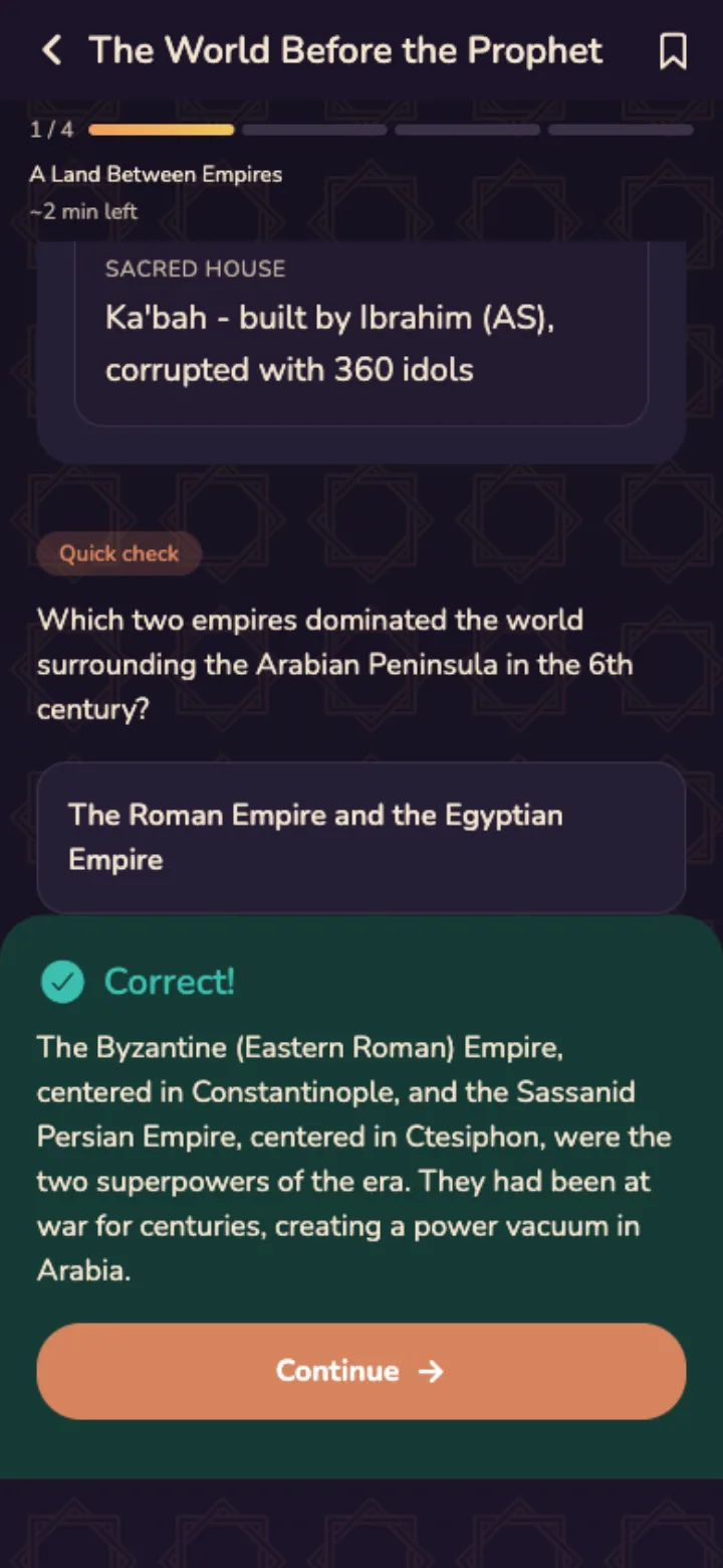 A question screen showing the chosen answer marked correct, with an explanation underneath.